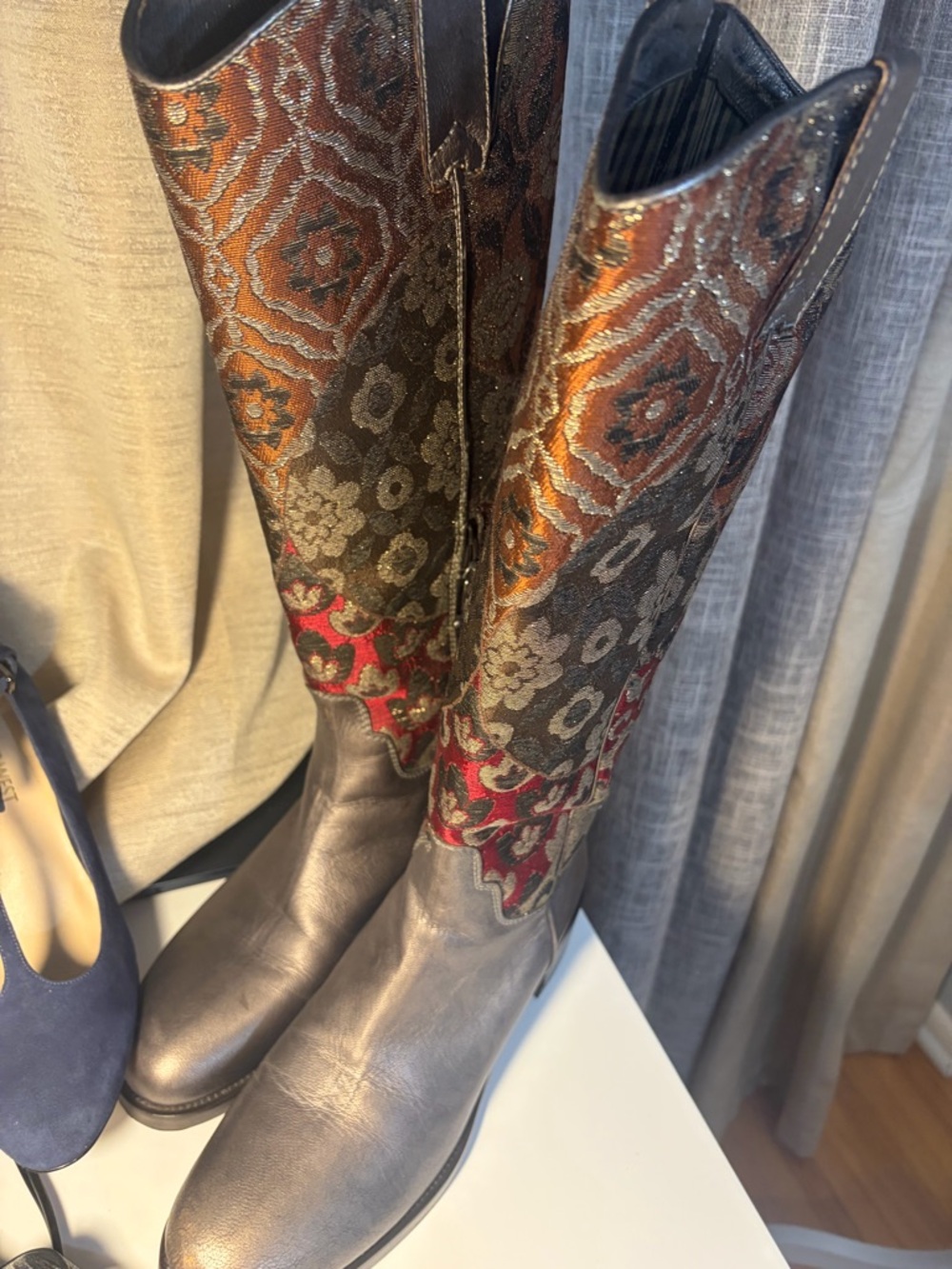 Donald J. Pliner Metallic Silver Leather and Multicolor Brocade Knee Boots - Picture 3 of 11